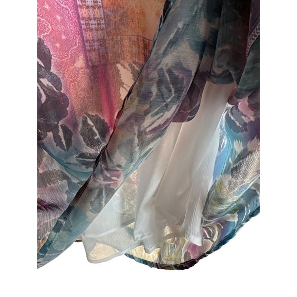 Unity Woman sz 2X multi print purple ruched sleeve split v neck lined Boho top - Picture 8 of 10